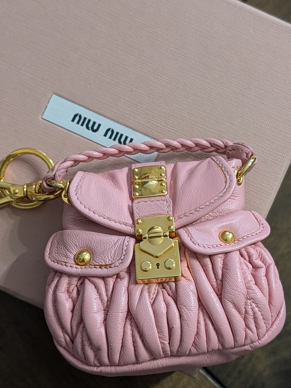 Miu Miu Matelassé Coffer Mini Bag Charm in pink